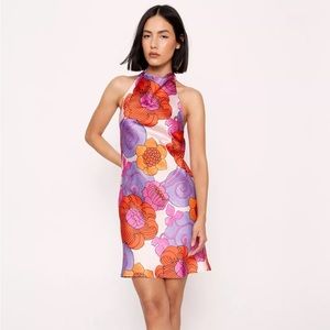 Bold floral satin halter neck mini dress